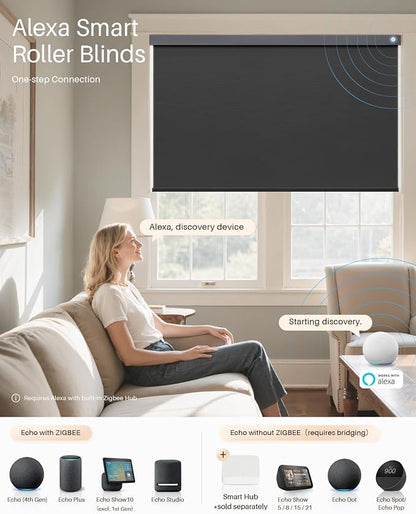Smart Roller Shades for Windows, Alexa Blackout Motorized Blinds with Remote Control, Easy Install Automatic Electric Blinds for Indoor (20" W x 72" H, Black)