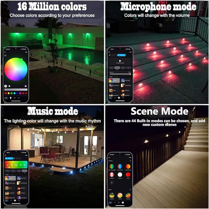 Sumaote WiFi Deck Lights Kit, 30pcs Φ1.38 RGB Half Moon Low Voltage Recessed Deck Lights Smartphone APP Control LED Steps Lighting Waterproof Outdoor Yard Path Stair Landscape Decor, Black