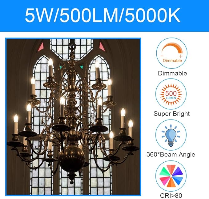 E ENERGETIC LIGHTING LED Candelabra Light Bulbs B10, Daylight 5000K, E12 Base, 60 Watt Equivalent Chandelier LED Edison Bulbs, Dimmable, 8 Pack