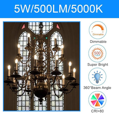 E ENERGETIC LIGHTING LED Candelabra Light Bulbs B10, Daylight 5000K, E12 Base, 60 Watt Equivalent Chandelier LED Edison Bulbs, Dimmable, 8 Pack