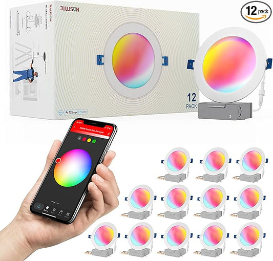 6 Inch LED Smart Slim Recessed Pot Light, WiFi APP& Voice Control, 120V, 13W, 1000LM, RGB + 2700K-6000K, ETL& FCC & IC Rated, Wet Location, Compatible With Alexa/Google Home, White - 12 Packs