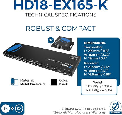 OREI 4K 1x8 HDMI Extender Splitter Multiple Over CAT 6/7 Cable with EDID management - 4K@30Hz upto 165ft and 1080p@60Hz upto 230ft- Loop Out