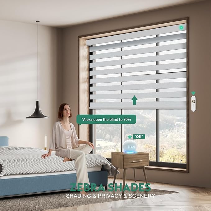 Motorized Zebra Blinds with Remote [Dual Layer + Light Filtering] 90% Blackout Smart Shades for Indoor Windows, Alexa Google and HomeKit Compatible, Customized Size, Shadow Mist