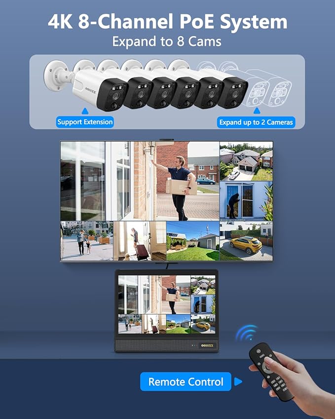 OOSSXX (2026 New) 4K PoE Security Camera System Outdoor, 8CH NVR with 10" IPS Monitor & 1TB HDD, 6 Cameras, 130° Wide Angle, AI Human Detection, Two-Way Audio, No Monthly Fee