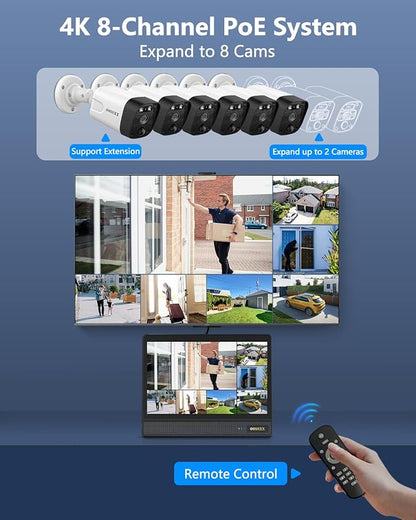OOSSXX (2026 New) 4K PoE Security Camera System Outdoor, 8CH NVR with 10" IPS Monitor & 1TB HDD, 6 Cameras, 130° Wide Angle, AI Human Detection, Two-Way Audio, No Monthly Fee
