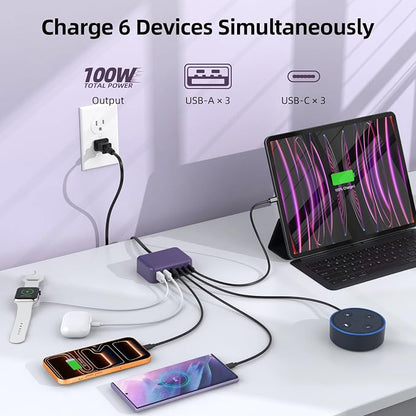 100W 6 in 1 USB Charger, 50% Smaller Charging Station for Multiple Devices | Fast Charging Blocks with Type C Port, USB Charging Hub Organizer Multiport Power Strip for iPhone,Samsung,Ipad,Kindle,Travel