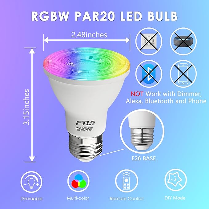 FTL PAR20 LED Bulbs Color Changing Light Bulbs with Remote Control, Dimmable RGB Colored Bulbs 2700K-6000K 7W 60W Equivalent, Timer,30 Colors, Flood Light for Track Recessed Lighting, 10-Pack