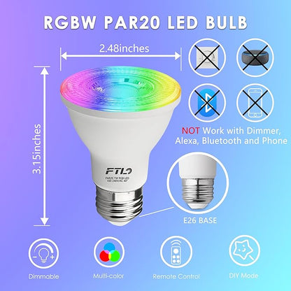 FTL PAR20 LED Bulbs Color Changing Light Bulbs with Remote Control, Dimmable RGB Colored Bulbs 2700K-6000K 7W 60W Equivalent, Timer,30 Colors, Flood Light for Track Recessed Lighting, 10-Pack