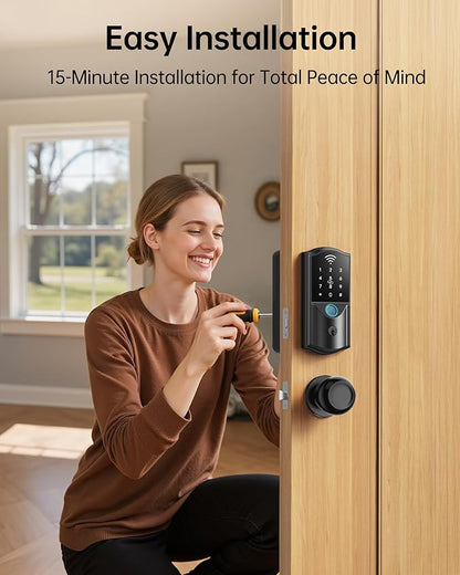 Built-in WiFi Smart Lock with 2 Knobs - Firstriver Fingerprint Keyless Entry Door Lock Set for Front Door, App Control, Keypad Deadbolt, Auto Lock, Compatible with Alexa & Google Assistant, Black