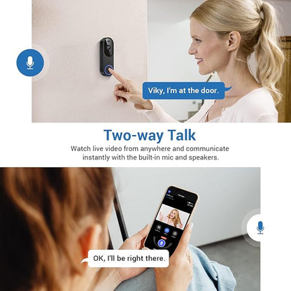 Wireless Video Doorbell Camera, 2.4G WiFi Only, AI Human Detection, Indoor/Outdoor Surveillance Cam for Home Security, 2-Way Talk, Night Vision, Cloud Storage (Sold Separately)