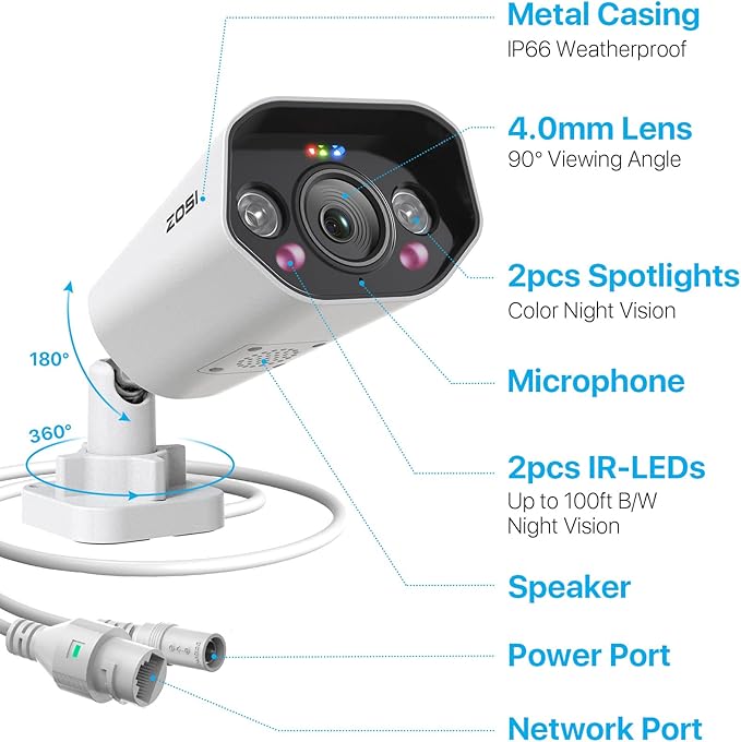 ZOSI 4K PoE Add-on Camera, Person Vehicle Detection, Two Way Audio, Color Night Vision, 8MP Outdoor Indoor Weatherproof Home Security Metal Bullet Cam, Only Compatible with Same Brand 4K POE NVR