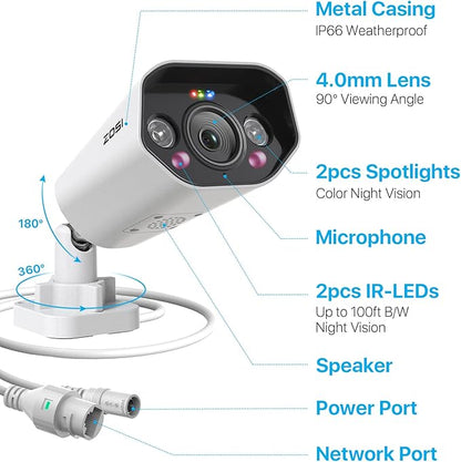 ZOSI ZG182 4K PoE Add-on Camera with 2-Way Talk,Weatherproof IP Camera for Outdoor Indoor Power Over Ethernet Surveillance System,Only Work PoE NVR