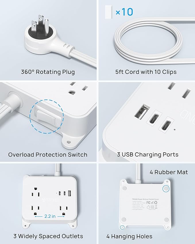 TROND Flat Power Strip with 360° Rotating Plug, 5FT Extension Cord with 3 Widely Space Outlets and 3 USB Ports(2 USB C), Wall Outlet to Hide in Drawer, Attach Under Desk Cabinet Vanity Counter