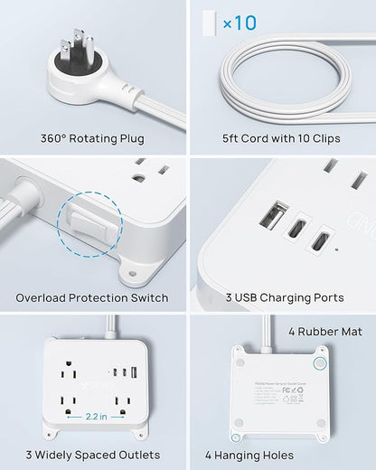 TROND Flat Power Strip with 360° Rotating Plug, 5FT Extension Cord with 3 Widely Space Outlets and 3 USB Ports(2 USB C), Wall Outlet to Hide in Drawer, Attach Under Desk Cabinet Vanity Counter