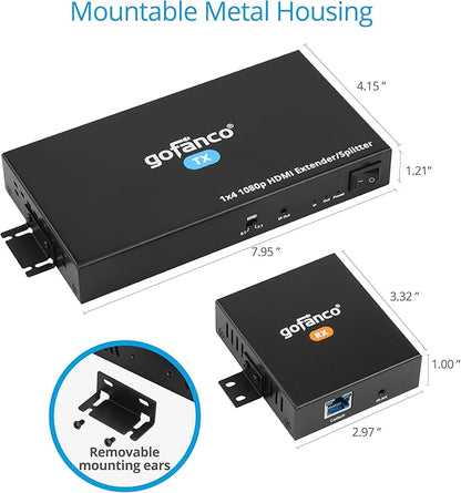 gofanco 1080p 1x4 HDMI Extender Splitter Over CAT5e/6/7 Ethernet Cable - Up to 165ft (50m), HDMI Local Loopout, PoC, EDID, IR Extension, 5.1/7.1ch Audio, Mountable, 1 in 4 Out (HDExt4P-Pro, v2.0)