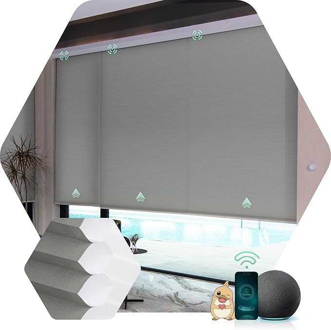 Yoolax Motorized Cellular Shades Compatible with Alexa, Light Filtering Motorized Blinds with Remote Smart Honeycomb Shades for Indoor Windows, Automatic Blinds Custom Size (Dark Grey)