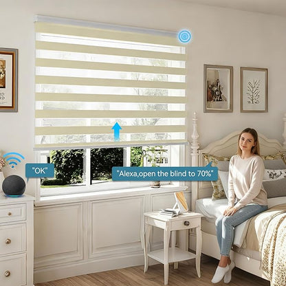 Interior Window Shades, Smart Dual Layer Light Filtering Blinds Compatible with Alexa & Google Home, Customized Size Cordless Electric Window Shades, (Beige, 70% Blackout)