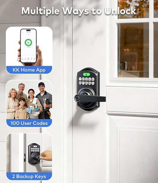 TEEHO TE019 Smart Keypad Door Lock with Handle, App Control, Keyless Entry Electronic Lock, Remote One-Time Codes, Auto Lock, Passage Mode, for Bedroom, Interior Door & Rental, Matte Black
