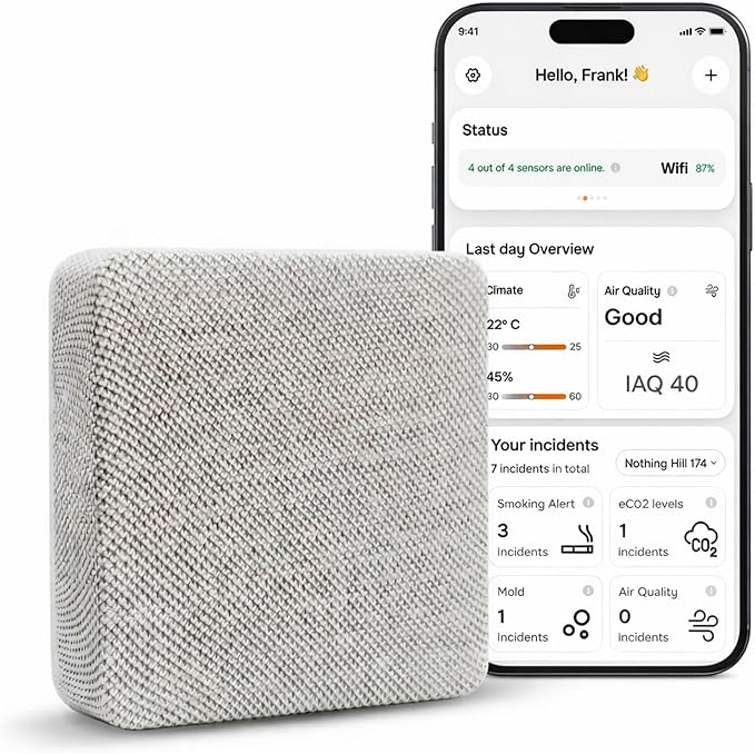 WiFi CO2 Detector & VOC Air Quality Monitor — Smart Indoor Tester with App Alerts, LED Display, Temp & Humidity Tracker for Home, Office, Bedroom & Airbnb (Alexa & Google Home)
