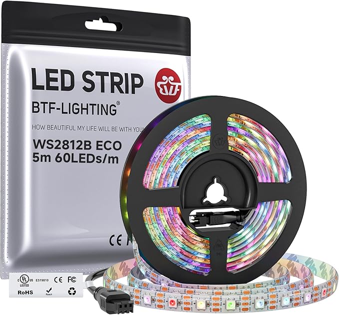 BTF-LIGHTING WS2812B ECO RGB LED Strip,UL Listed,Individually Addressable,16.4FT 60LED/m 300Pixel DC5V 5050SMD,Alloy Wire Flexible 3M Tape for DIY Chasing Color Project IP65(No Adapter or Controller)
