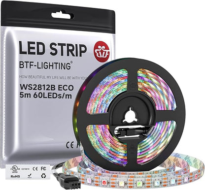 BTF-LIGHTING WS2812B ECO RGB LED Strip,UL Listed,Individually Addressable,16.4FT 60LED/m 300Pixel DC5V 5050SMD,Alloy Wire Flexible 3M Tape for DIY Chasing Color Project IP65(No Adapter or Controller)