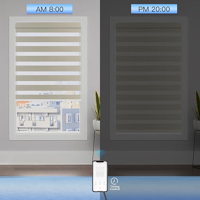 MING CHEN Motorized Blinds with Remote,Built-in Rechargeable Smart Blinds, Custom Size Electric Zebra Blinds Compatible with Alexa Google (90% Blackout Fine Lines Yellow)