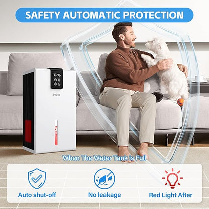 PSOS Dehumidifier, 98 OZ Water Tank, Dehumidifiers for Home, (1000 sq.ft) Quiet Dehumidifier for Bedroom Bathroom Basement with Humidity Display, Auto Shut Off, Relaxing 7 Color Ambient Light(White)
