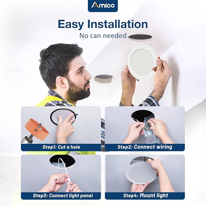 Amico 24 Pack 7 Inch 5CCT Ultra-Thin LED Canless Recessed Ceiling Light with Junction Box, 2700K/3000K/3500K/4000K/5000K Selectable, 15W=100W, 1300LM High Brightness, Dimmable Wafer Downlight, ETL&FCC