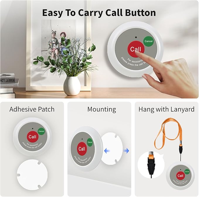 Upgrade Caregiver Call Button,Wireless Caregiver Pager Calling System,1000ft, 1 Alert Emergency Call Button for Medical Clinic Nurses Station Home Hospital