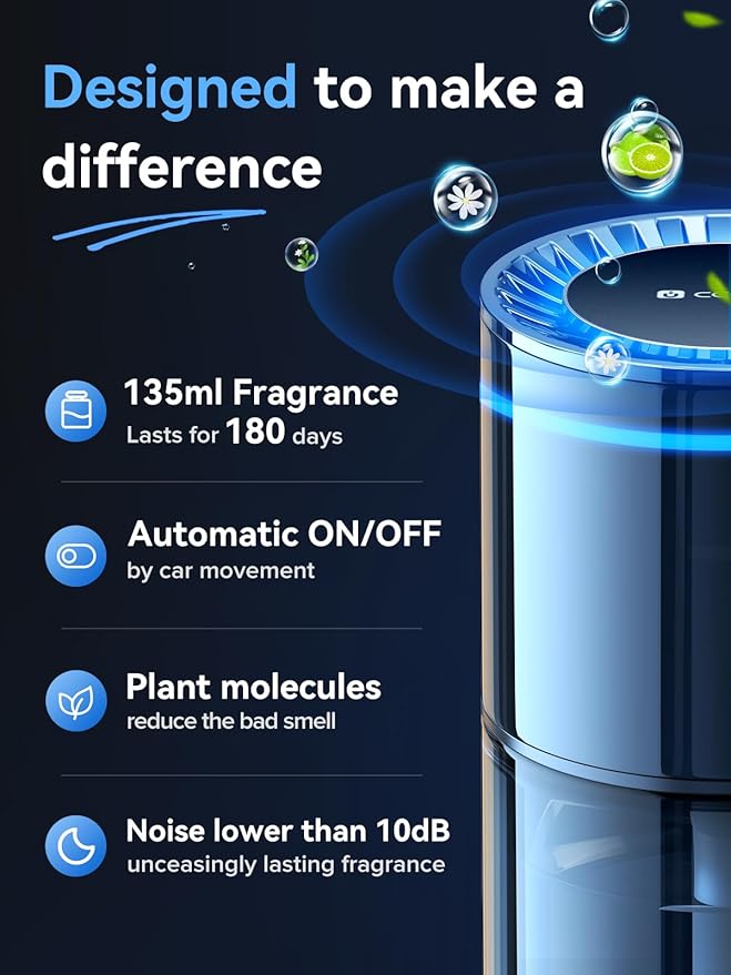 Ceeniu 2024 New Car Air Freshener, Auto ON/Off, Multi-Mode Adjustable, Blue Ambiance Light, 135ml Last 6 Months, Natural French Fragrance, CF3 car fresheners, Roman Holiday