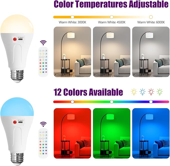 E26 Rechargeable Light Bulbs with Remote, 2 Pack A21 Wireless 2000mAh Battery Operated LED Light Bulbs for Lamp, 3 Color Temperatures Dimmable Color Changing Bulb for Outdoor Use