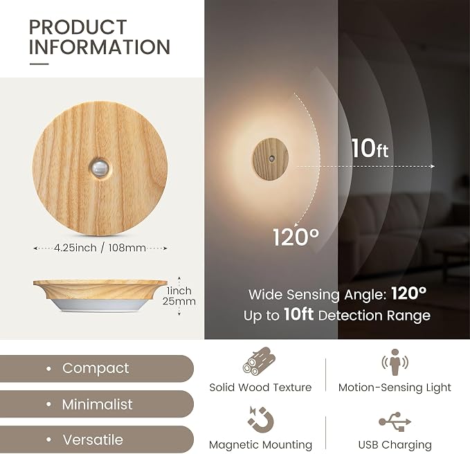 Rechargeable Night Lights with Motion Sensor, Wooden Magnetic Light