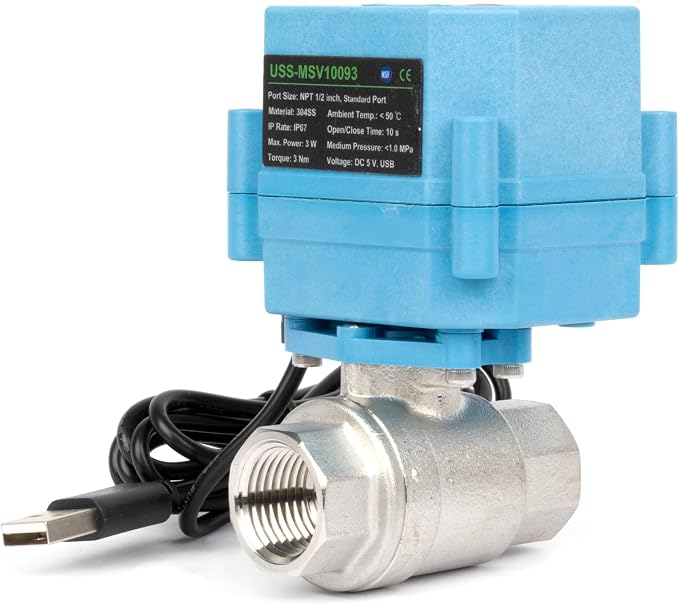 Motorized Ball Valve 1/2 in NPT U.S. Solid WiFi Smart 304 Stainless Steel 2-Way Electric Actuated USB Powered NSF Certified for Water Irrigation