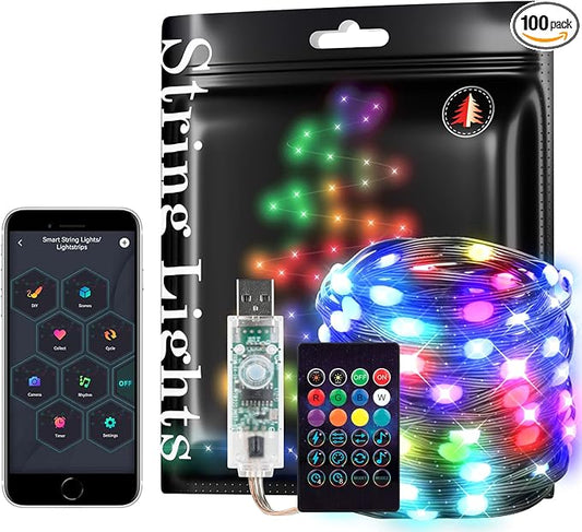 BTF-LIGHTING RGB IC WS2812B USB Twinkle Smart Fairy Light String 32.8FT 100pixel Black Wire Music Bluetooth Mesh APP IR Remote DIY Control Sync Color Chasing IP65 for Christmas Tree Bedroom etc DC5V
