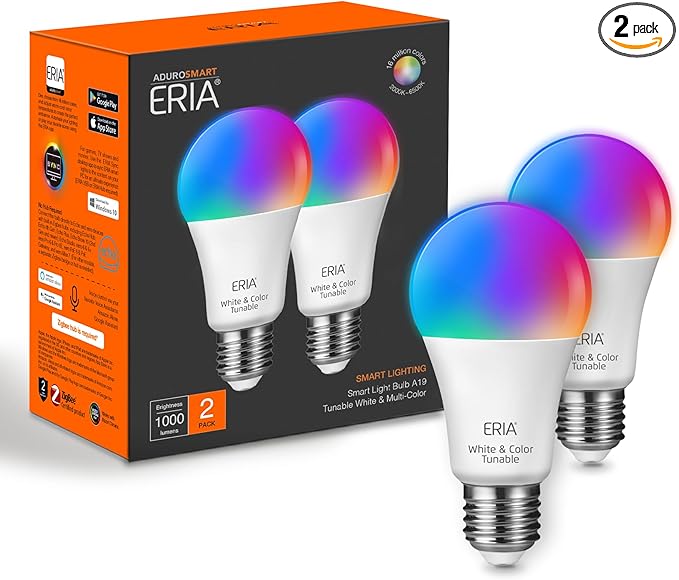 ERIA Colors and White A19 Dimmable CRI 90+ Smart Bulb Works with Hue*, SmartThings, HA, Amazon Echo (4th Gen), Alexa, HA, Google Assistant (Extra Bright – 2-Pack)
