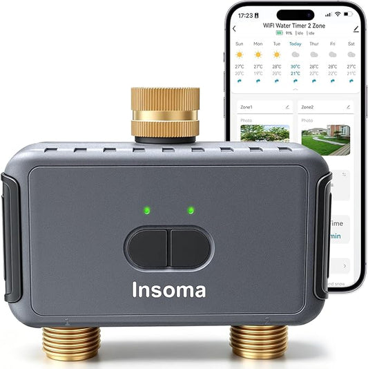Insoma 2-Zone WiFi Water Timer Brass Inlet Outlet, Smart Sprinkler Timer, No-Gateway 2.4GHz, APP Remote Control WiFi Hose Timers, Voice Control with Alexa, Rain Delay and Manual Mode for Lawn Watering
