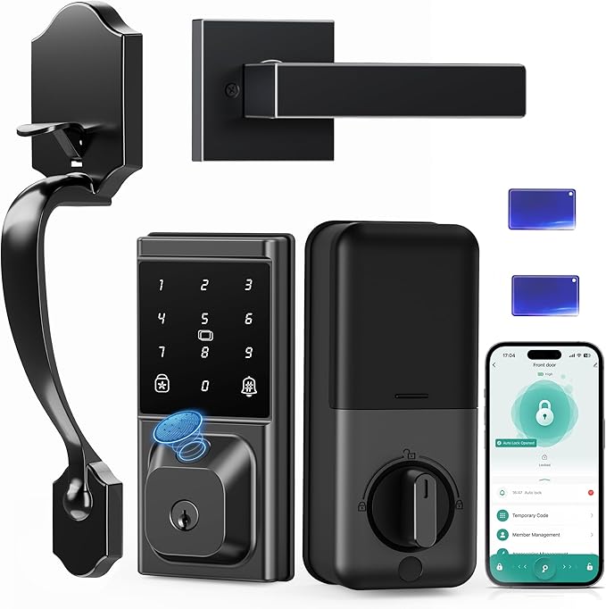 Smart Door Lock with Handle Set, Keyless Entry Door Lock for Front Door, Fingerprint, APP Control, Touchscreen Keypad Deadbolt, Temporary Passcode, Auto Lock, IP54 Waterproof, Easy Install