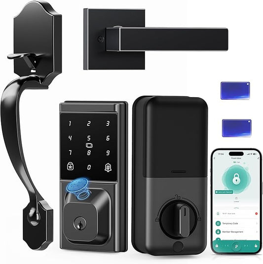 Smart Door Lock with Handle Set, Keyless Entry Door Lock for Front Door, Fingerprint, APP Control, Touchscreen Keypad Deadbolt, Temporary Passcode, Auto Lock, IP54 Waterproof, Easy Install