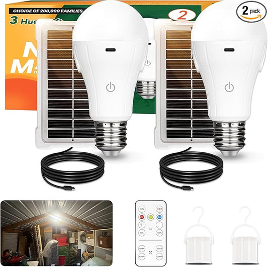 Neporal MagicGlow Rechargeable Solar Light Bulbs with Remote, USB+Solar Rechargeable Bulbs,3 Colors Shift + Dimmable Battery Light Bulb, A19 Emergency LED Light Bulbs, 15W, Up to 24 Hours, 2 Pack
