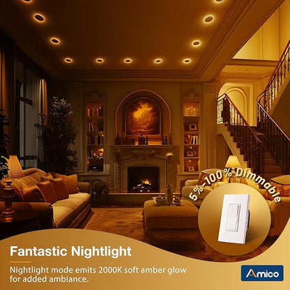 Amico 12 Pack 3 Inch 5CCT LED Recessed Ceiling Light with Night Light, 2700K/3000K/3500K/4000K/5000K Selectable Ultra-Thin Recessed Lighting, 7W=65W, 500LM, Dimmable Canless Wafer Downlight ETL&FCC