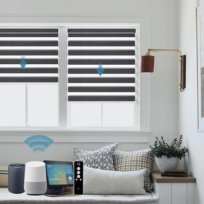 SmartWings Motorized Zebra Blinds with Remote, Custom Size Smart Electric Roller Shades for Windows, Automatic Light Filtering Dual Layer, Cordless Battery Motor, 95mm 85% Blackout Graphite