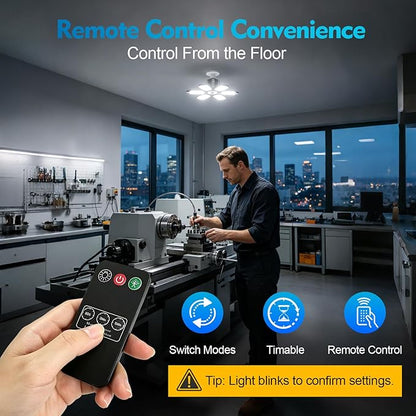 TANBABY 260W Motion Sensor Garage Lights, 30000LM Shop Lights with Remote Control 3 Modes (ON/Off/AUTO), 30/60/120s Timer, E26 Screw-in Deformable 6-Panel 6500K Ceiling Light for Garage Shop Basement