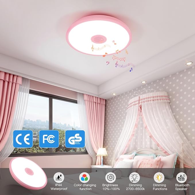 Pink Waterproof LED Flush Mount Ceiling Light Fixture,with Bluetooth Speaker,11 Inch,18 watt,Dimmable Music Lamp,RGB Color Changing Light with Remote Control,for Bathroom,Shower,Bedroom