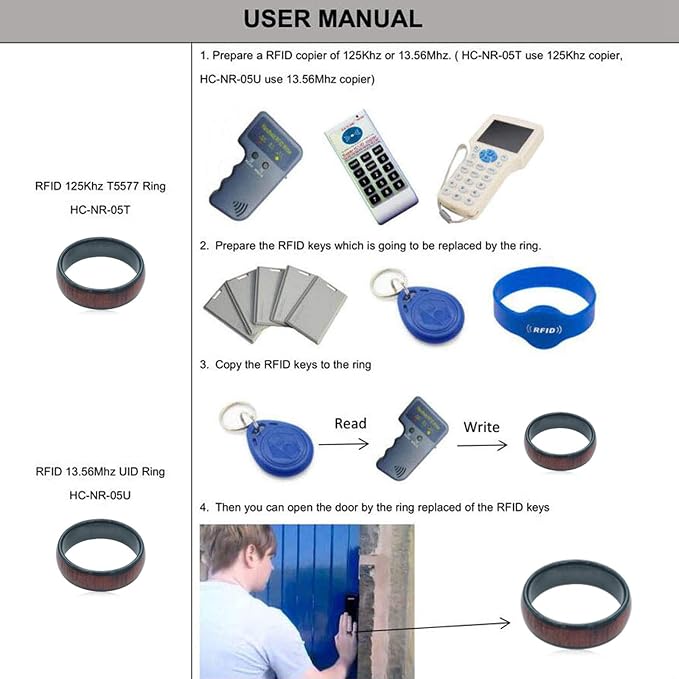 RFID Rewritable T5577 125Khz Imitation Wood Grain Access Control Card Electronic Safety Lock Key Ceramic Ring for Men and Women (Programmed 125khz-21mm)