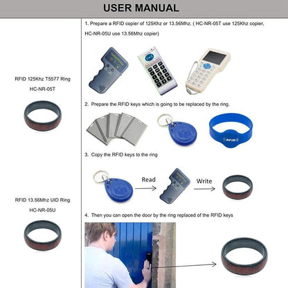 RFID Rewritable T5577 125Khz Imitation Wood Grain Access Control Card Electronic Safety Lock Key Ceramic Ring for Men and Women (Programmed 125khz-21mm)