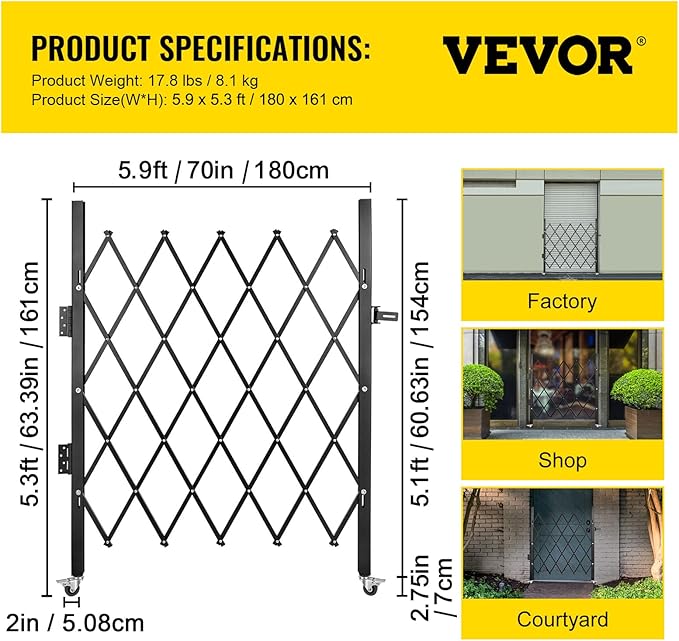 VEVOR Single Folding Security Gate, 61" H x 71" W Folding Door Gate, Steel Accordion Security Gate, Flexible Expanding Security Gate, 360° Rolling Barricade Gate, Scissor Gate/Door with Padlock