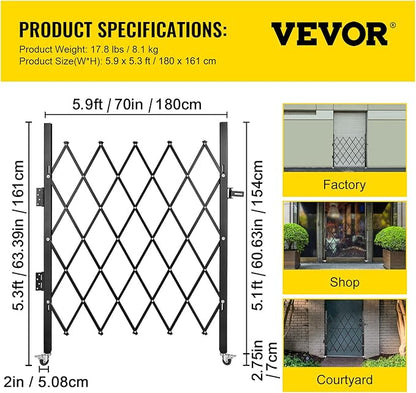 VEVOR Single Folding Security Gate, 61" H x 71" W Folding Door Gate, Steel Accordion Security Gate, Flexible Expanding Security Gate, 360° Rolling Barricade Gate, Scissor Gate/Door with Padlock