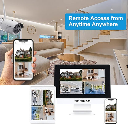 Wireless Security Camera System with 10.1" Monitor, 4PCS 3MP/2K HD Cameras | 2-Way Audio | Local & Remote View | Night Vision Motion Detection | IP66 Home Business Surveillance Kit (NO HDD)