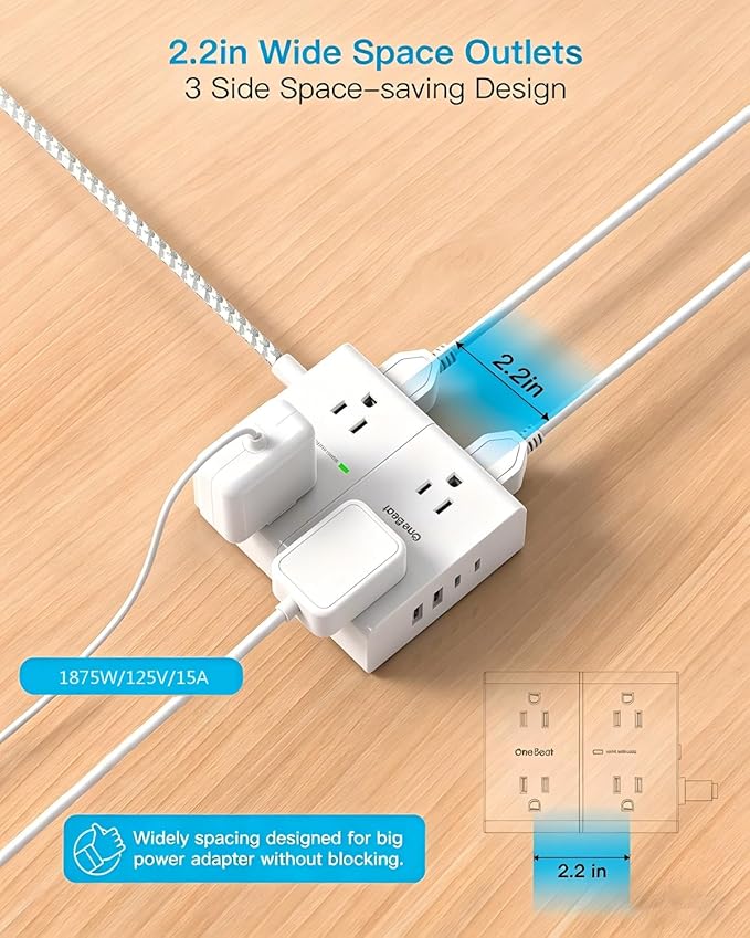 One Beat Surge Protector Power Strip, 6 Ft Ultra Thin Flat Extension Cord with 8 Outlets 4 USB Ports(2 USB C), Flat Plug Power Strip, Braided Power Strip for Home, Office, Dorm Room Essentials