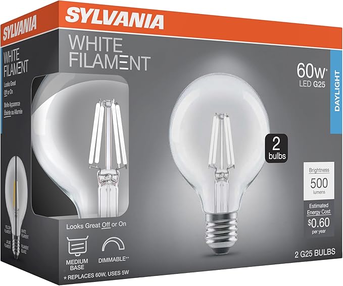 Sylvania G25 Clear Globe LED White Filament Bulb, 5W, Dimmable, 500 LMS, Medium Base, 5000K, Daylight - 2 Pack (42177)